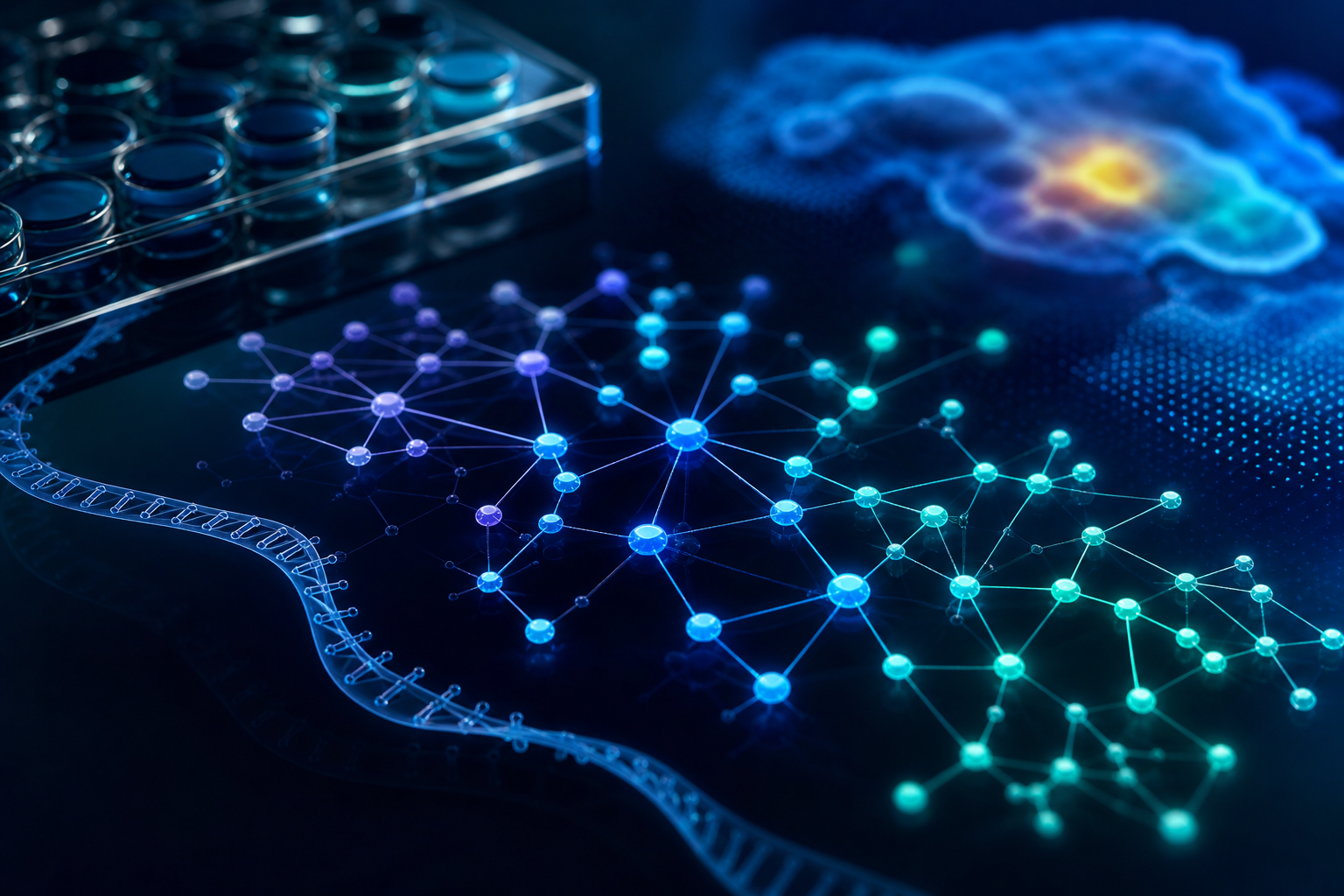 Knowledge graph over a DNA strand, assay plate, and tissue map